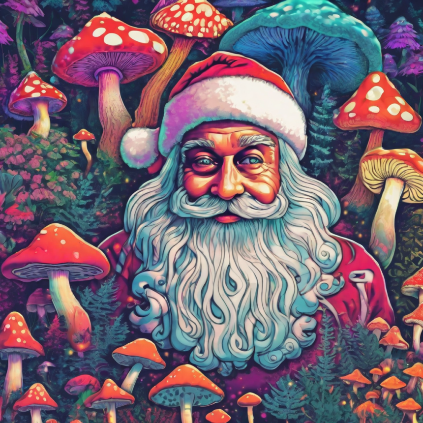 psychedelic mushrooms and santa, psychedelic mushrooms, psychedelic mushrooms art, how to grow psychedelic mushrooms, santa tracker, santa claus, christmas, merry christmas, christmas tree shop