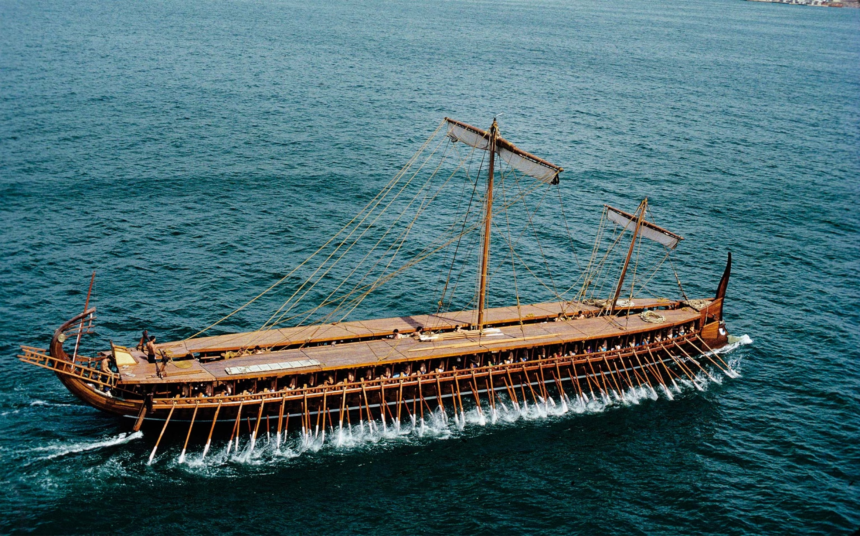 trireme, trireme ship, greek trireme, mediterranean sea,